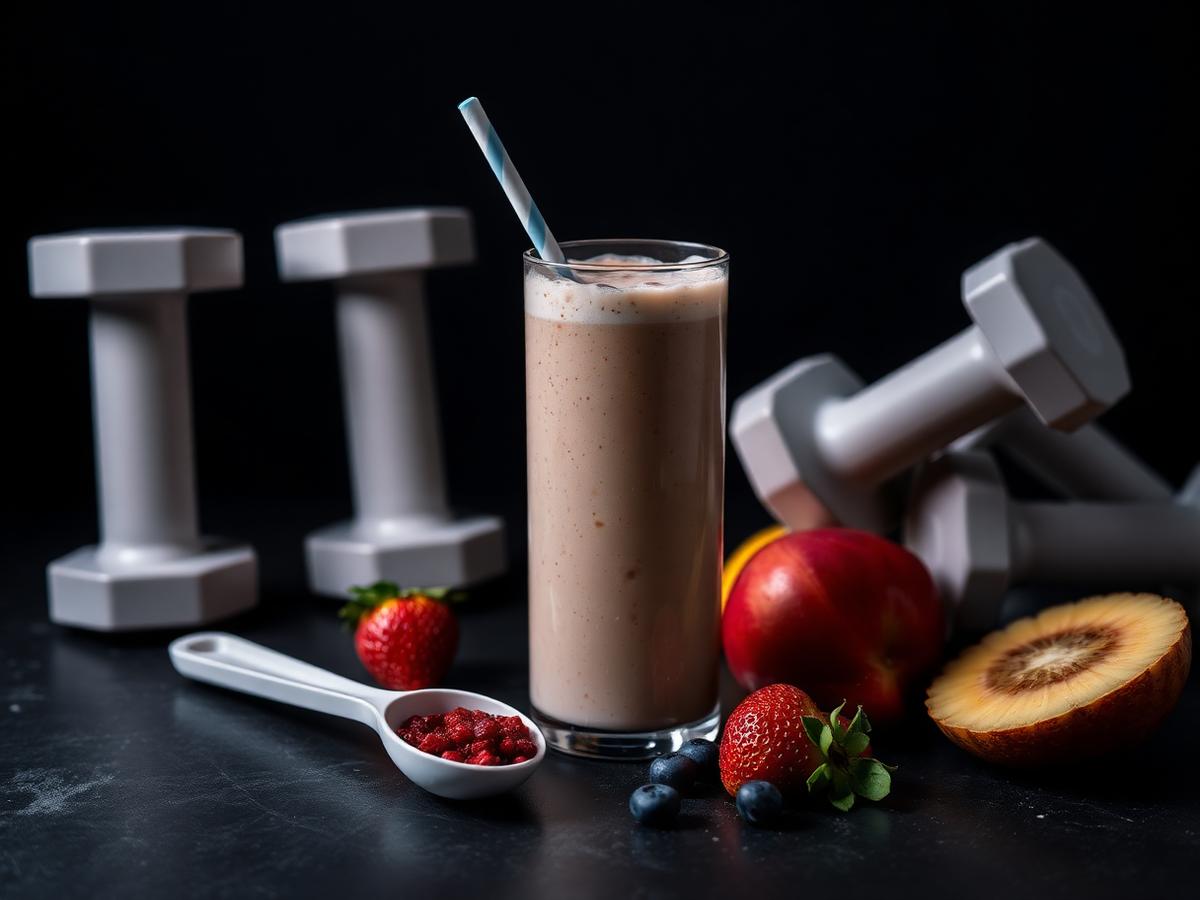 Protein shake and dumbbells
